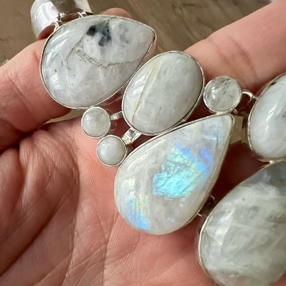 925 MOON GODDESS Rainbow Flash Moonstone Collar Bib Necklace - Picture 6 of 9